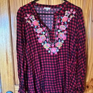JODIFL Red and Black Checkered Embroidered Blouse